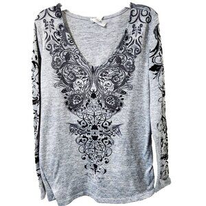 Dress Barn Y2k Graphic Design Gray Long Sleeve